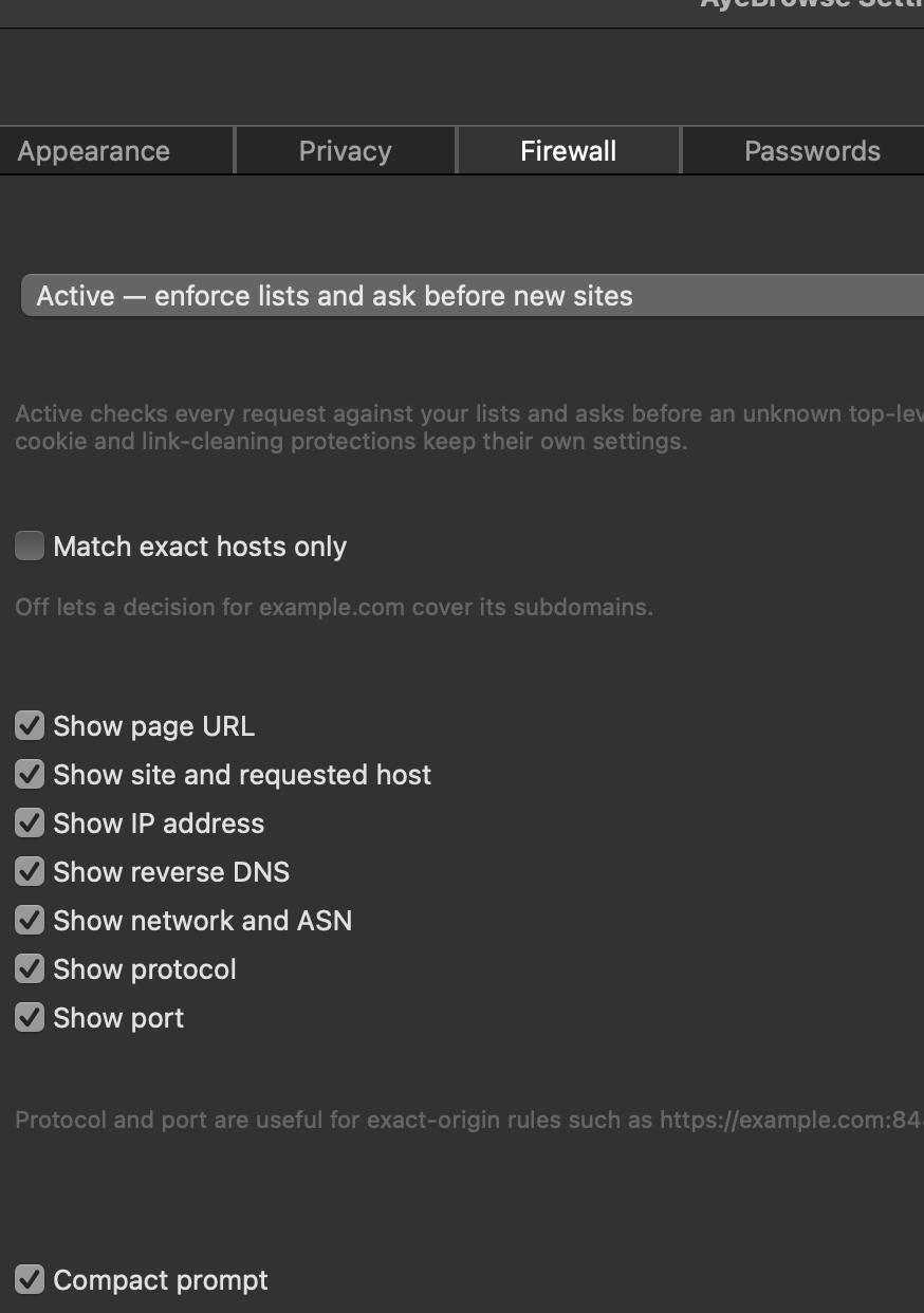 AyeBrowse firewall settings showing active enforcement and the connection details that can appear in a firewall prompt