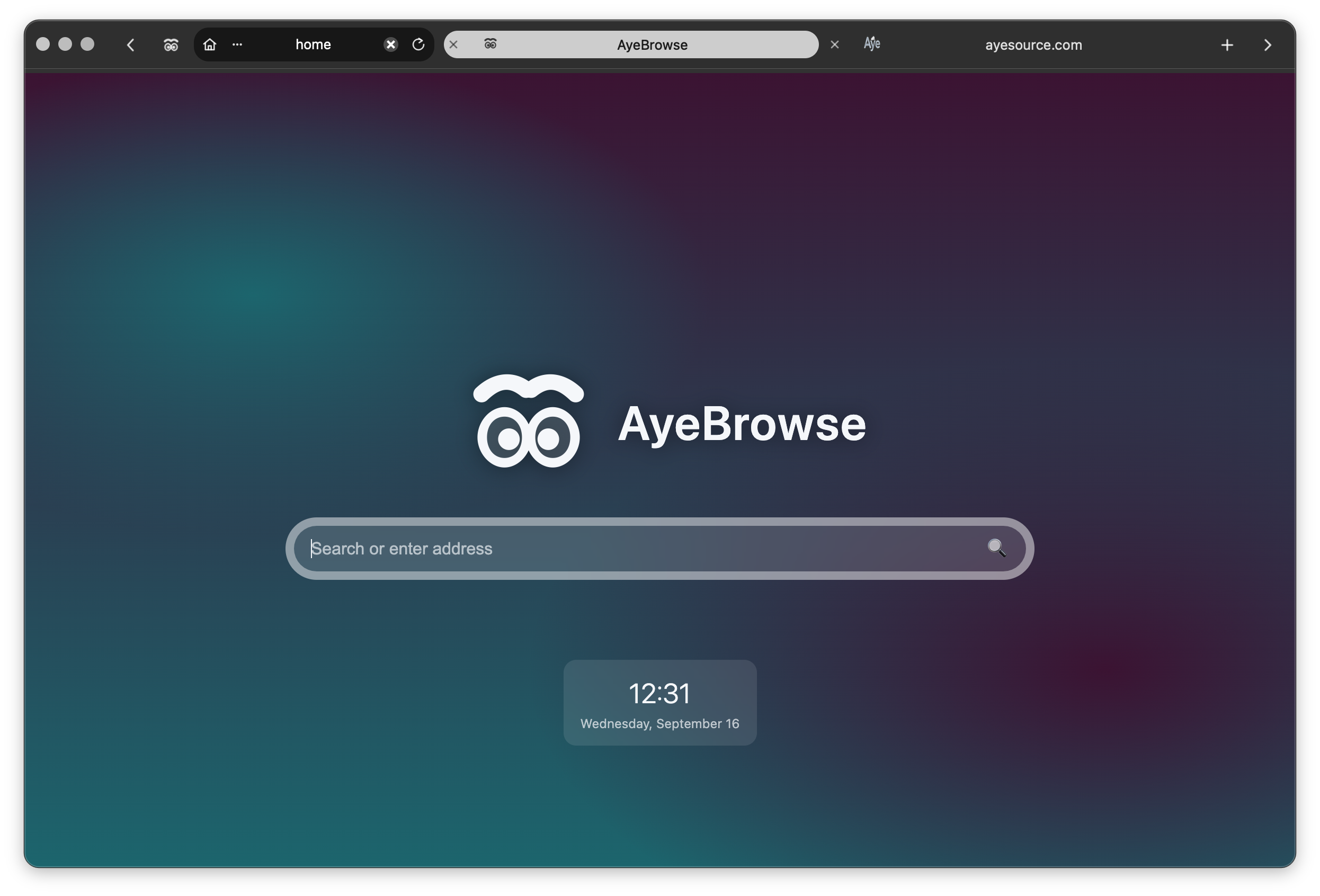 AyeBrowse desktop window showing its customizable local home page and compact tab-based navigation